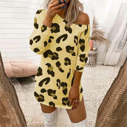 Leopard Print Off-the-shoulder Long-sleeved T-shirt-POIULTD