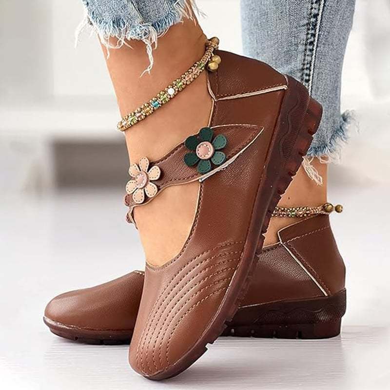 Women's Fall Retro Casual Floral Velcro Comfy Pumps Flat PU Leather Shoes-POIULTD