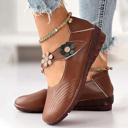 Women's Fall Retro Casual Floral Velcro Comfy Pumps Flat PU Leather Shoes-POIULTD