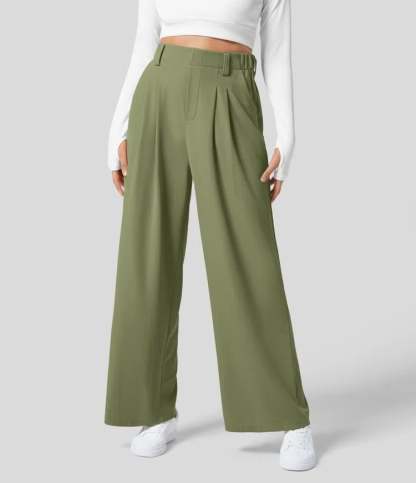 High Rise Pleated Side Pocket Wide Leg Waffle Work Pants