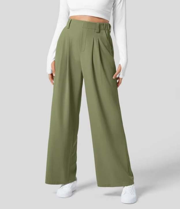 High Rise Pleated Side Pocket Wide Leg Waffle Work Pants
