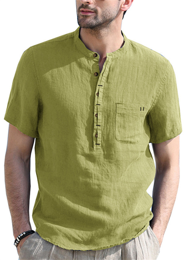 Stand Collar Short-sleeved Linen Shirt Sleeve Breathable Casual Linen Soft Slim Fit Men