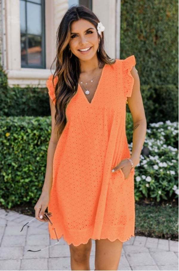 💖summer V-neck short-sleeved hollow lace dress👗-POIULTD