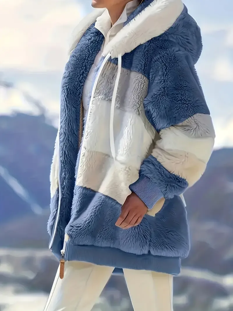 Fuzzy Color Block Coat, Casual Hooded Zip Up Drawstring Long Sleeve Outerwear, Women's Clothing