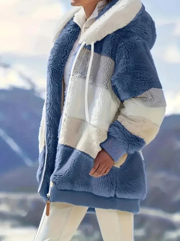 Fuzzy Color Block Coat, Casual Hooded Zip Up Drawstring Long Sleeve Outerwear, Women's Clothing