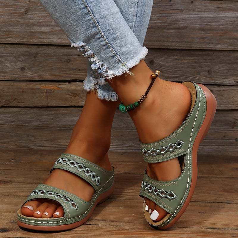 Retro Anti Slip Round Toe Sloping Heel Comfortable Women'S Slippers-POIULTD