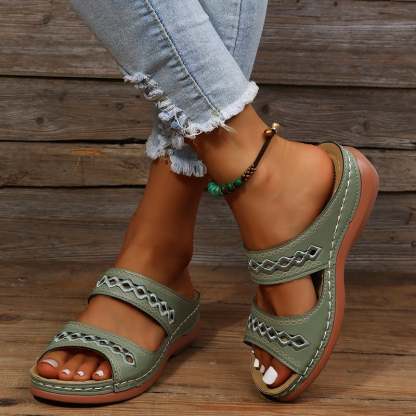 Retro Anti Slip Round Toe Sloping Heel Comfortable Women'S Slippers-POIULTD