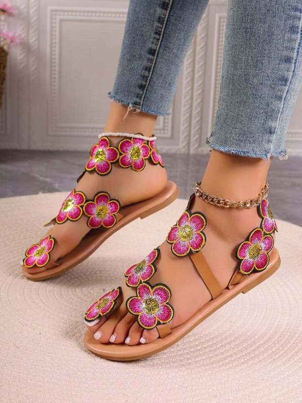 Women's Bohemian Flat Toe Colorful Flower Sandals-POIULTD