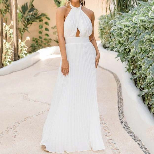 Accordion pleats Halter Maxi Dress-POIULTD
