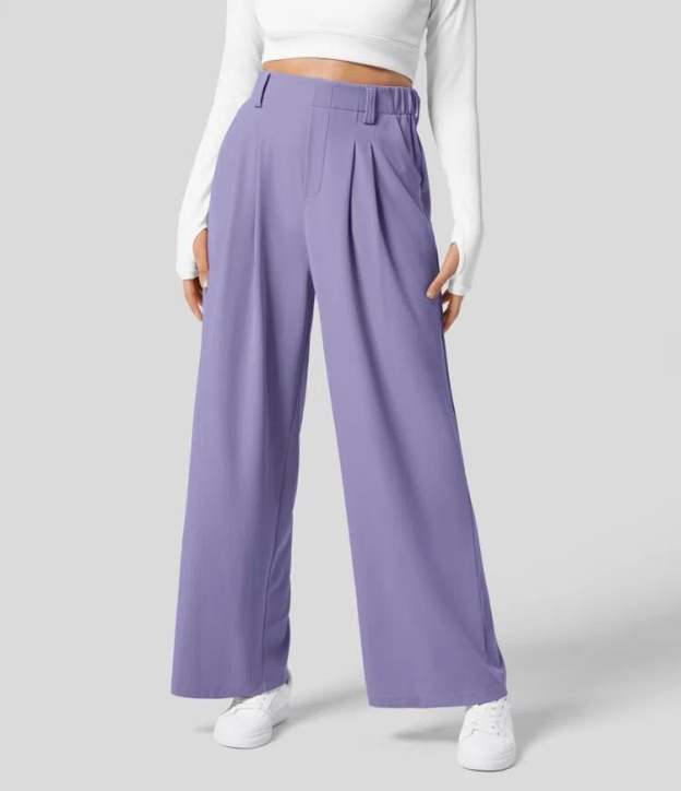 High Rise Pleated Side Pocket Wide Leg Waffle Work Pants
