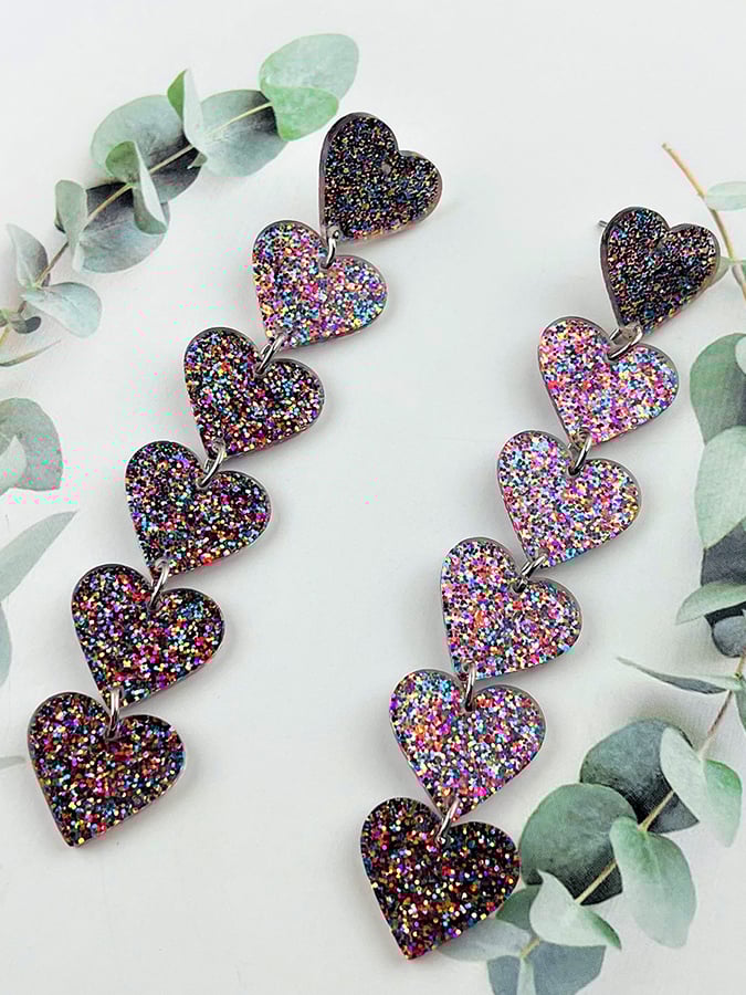 Women's Valentine's Day Glitter Heart Extra Long Pendant Design Versatile Fashion Earrings-POIULTD