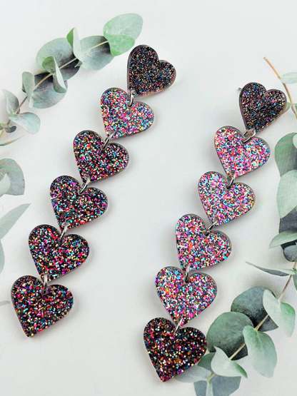 Women's Valentine's Day Glitter Heart Extra Long Pendant Design Versatile Fashion Earrings-POIULTD
