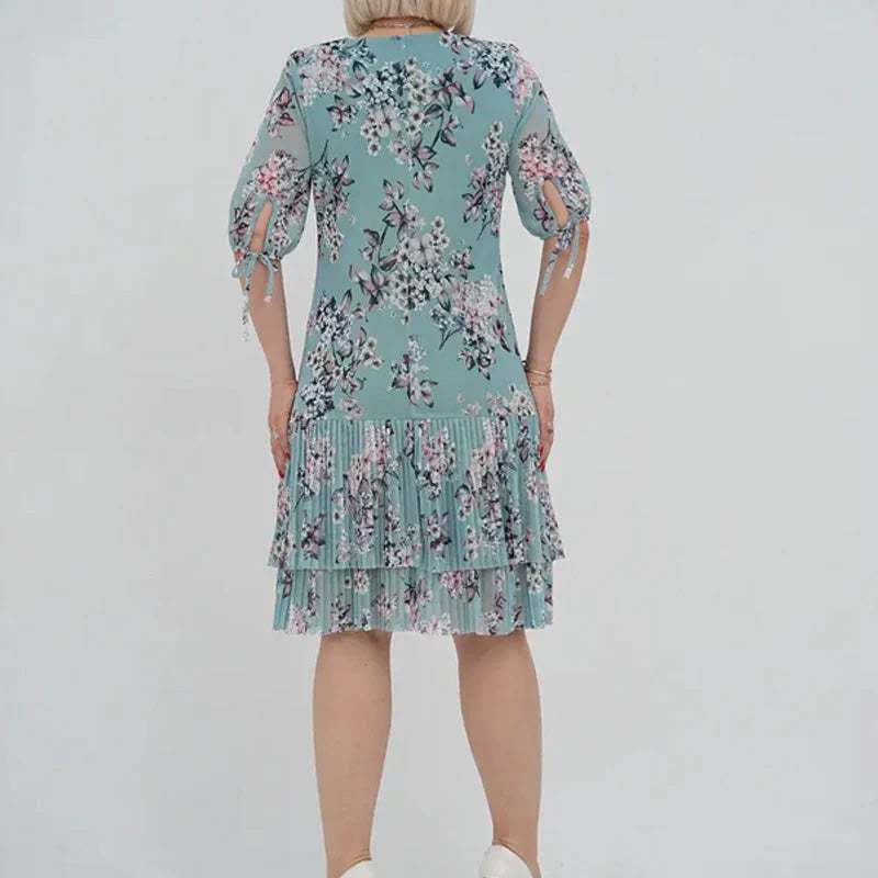 🌹Elegant chiffon long pleated dress with short sleeves-POIULTD