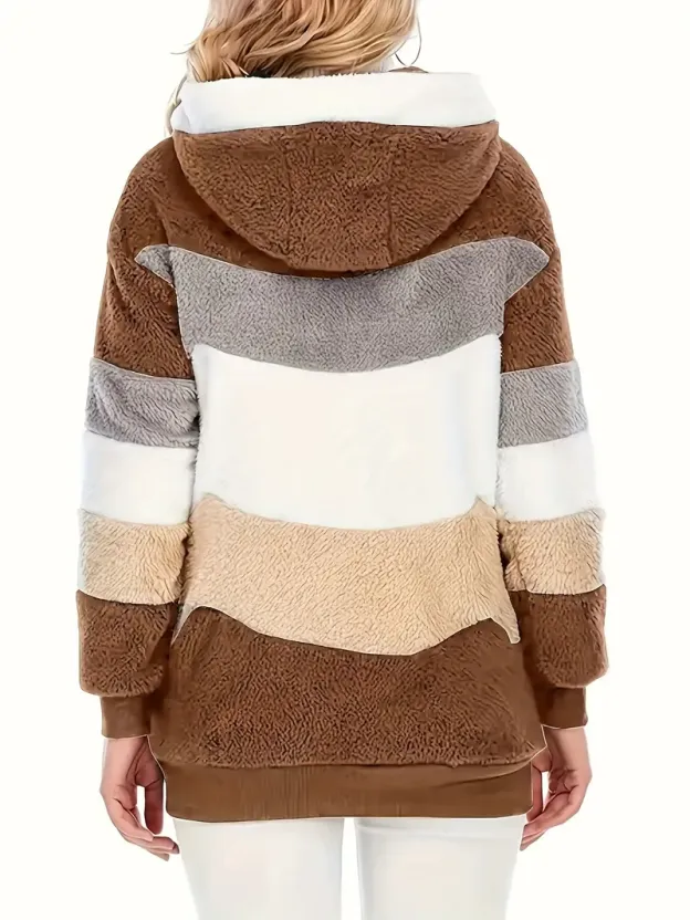 Fuzzy Color Block Coat, Casual Hooded Zip Up Drawstring Long Sleeve Outerwear, Women's Clothing