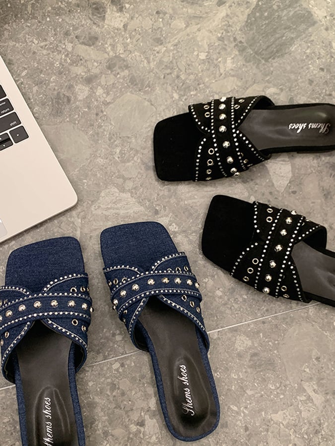 Slipper Female Denim Rhinestone Rivet Flat Beach Sandals Simple Outer Outer Leisure And Sand Slippers-POIULTD