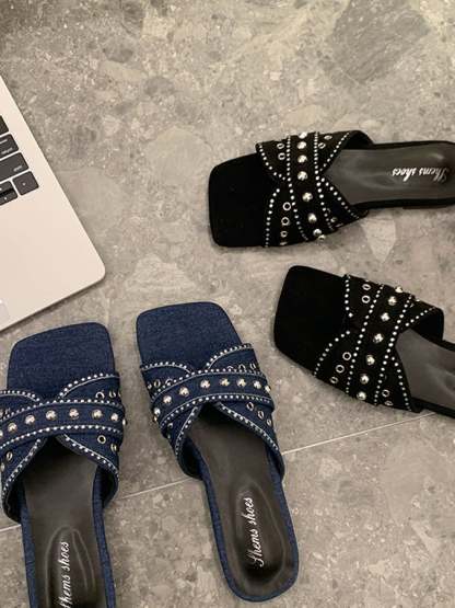 Slipper Female Denim Rhinestone Rivet Flat Beach Sandals Simple Outer Outer Leisure And Sand Slippers-POIULTD