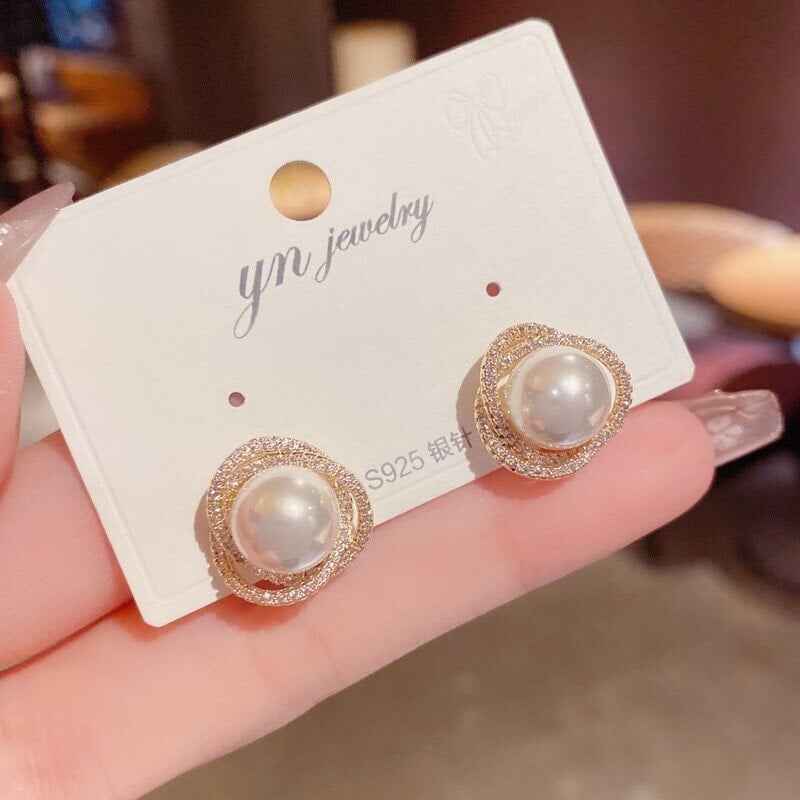 Zircon Wrapped Pearl Stud Earrings-POIULTD