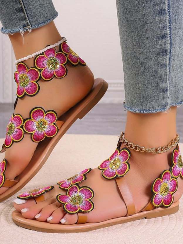 Women's Bohemian Flat Toe Colorful Flower Sandals-POIULTD