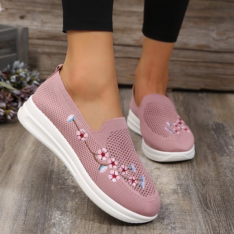 Casual Stretch Embroidery Flat Women's Flyknit Shoes-POIULTD
