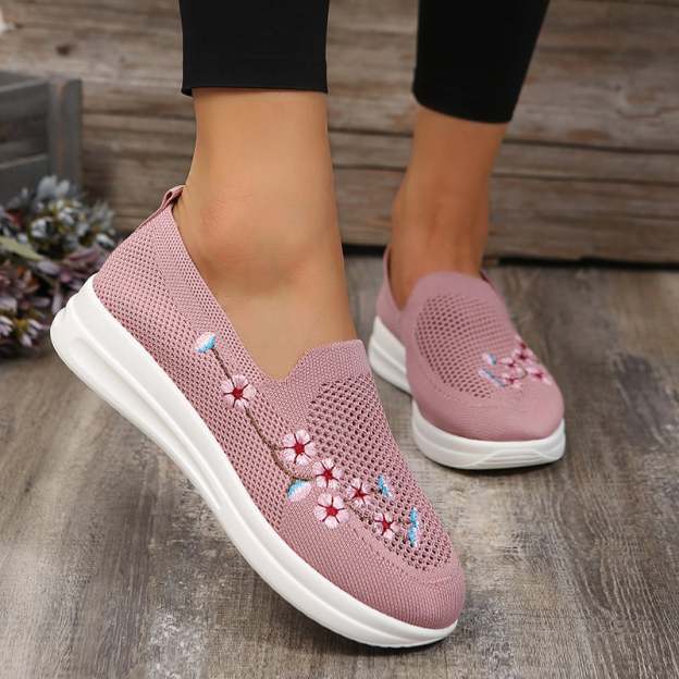 Casual Stretch Embroidery Flat Women's Flyknit Shoes-POIULTD
