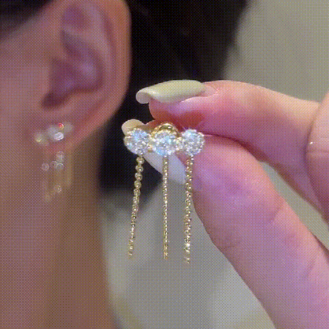 Metal mesh zircon chain tassel earrings-POIULTD