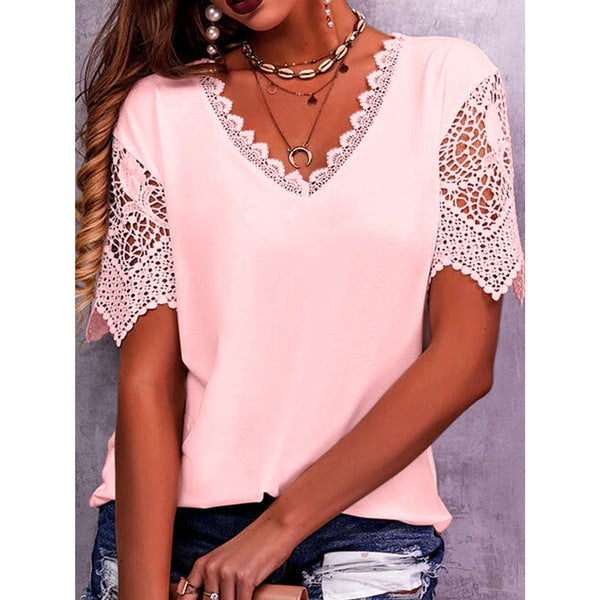 Women's Lace Patchwork Loose V-Neck Short Sleeve T-Shirt-POIULTD