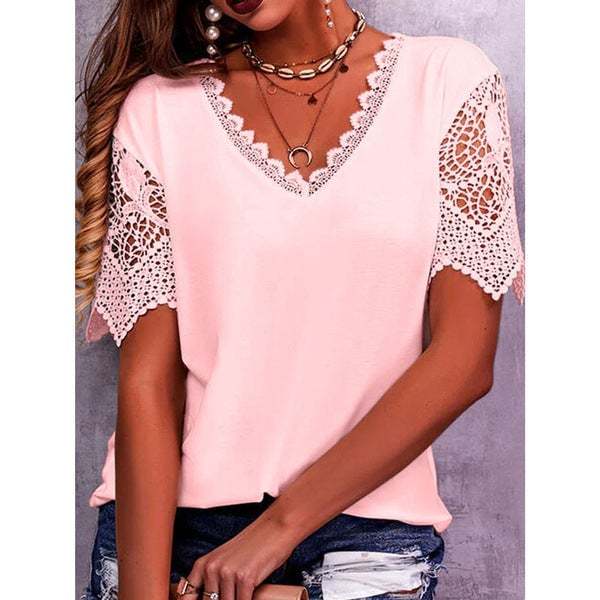 Women's Lace Patchwork Loose V-Neck Short Sleeve T-Shirt-POIULTD