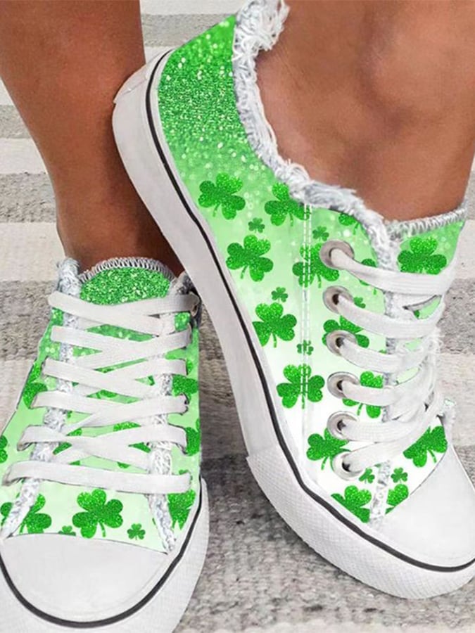 Women's Clover Print Raw Edge Canvas Shoes-POIULTD