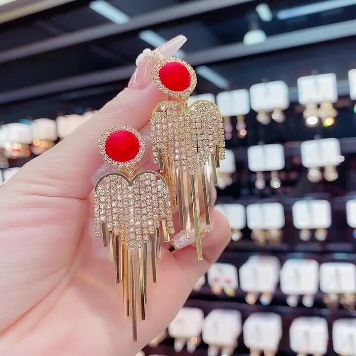 Pearl full diamond tassel earrings-POIULTD