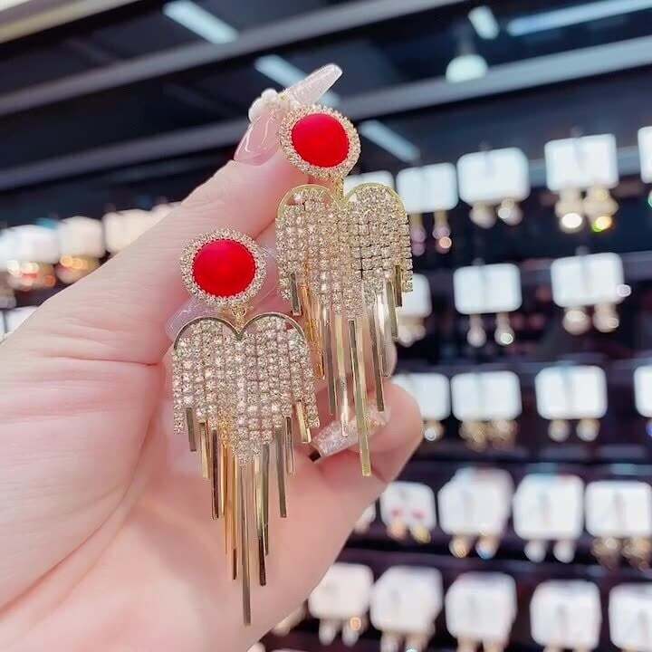 Pearl full diamond tassel earrings-POIULTD