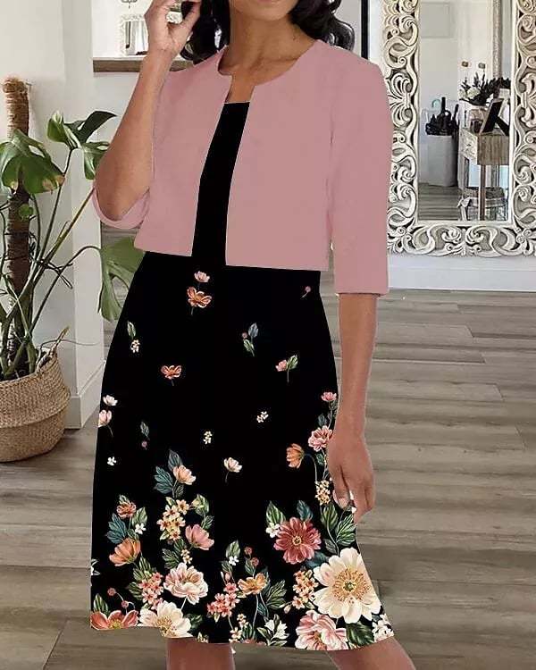 2022 summer new women's two-piece printed round neck chiffon dress-POIULTD