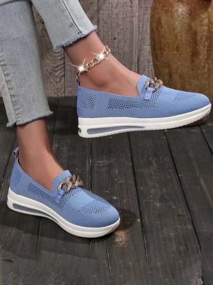 Spring New Fashion Comfortable Flying Woven Air -Breathable Hollow Upper Metal Chain Slope Casual Single Shoe Female-POIULTD