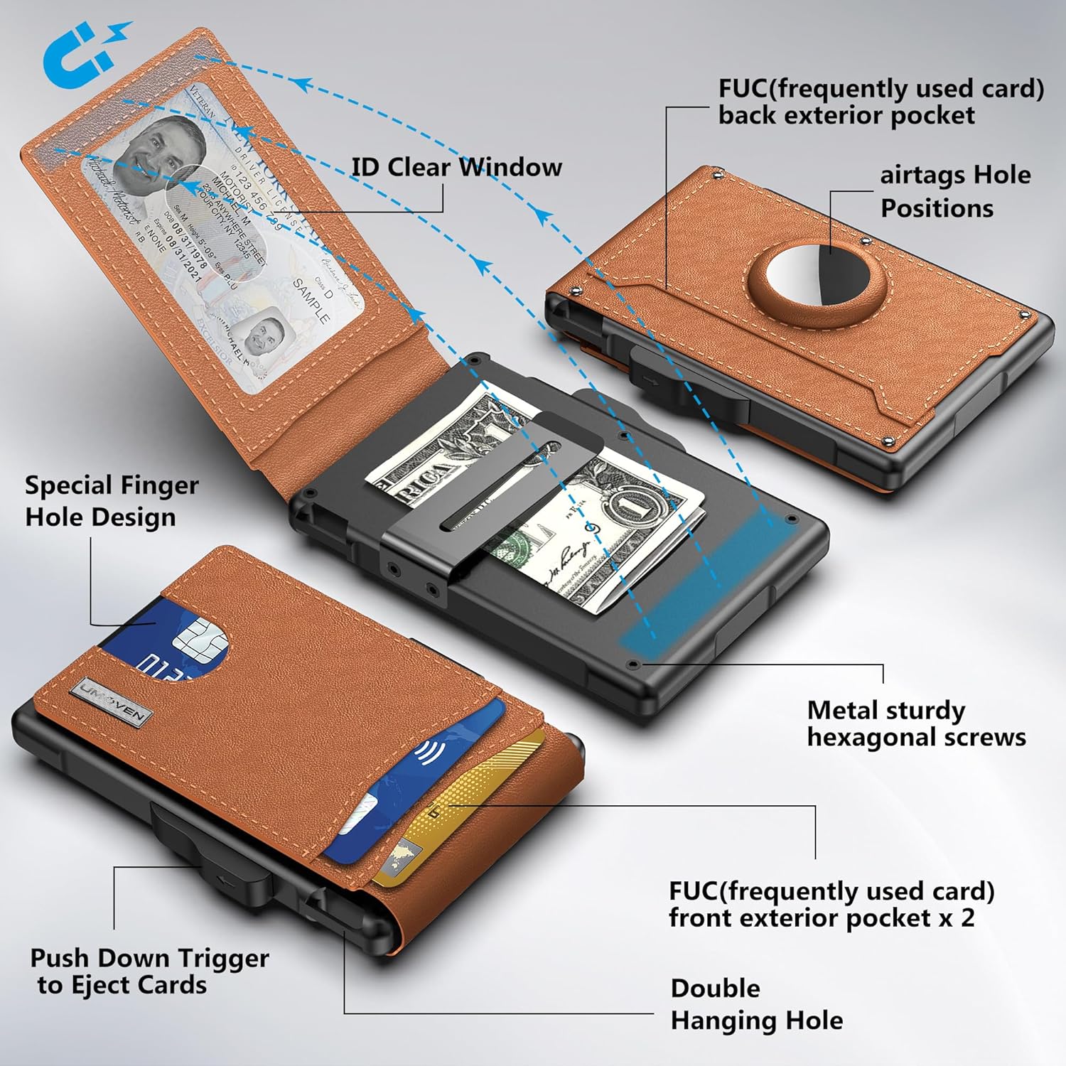 ✨ Wallet for Men - with Pop Up Aluminum Case Money Clip Slim Leather Slots Credit Card Holder RFID Blocking Bifold Minimalist Wallet-POIULTD