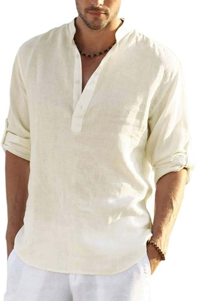 2024 Men's Cotton Linen Henley Shirt Long Sleeve Hippie Casual Beach T Shirts-POIULTD