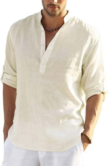 2024 Men's Cotton Linen Henley Shirt Long Sleeve Hippie Casual Beach T Shirts-POIULTD