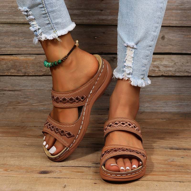 Retro Anti Slip Round Toe Sloping Heel Comfortable Women'S Slippers-POIULTD