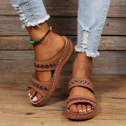 Retro Anti Slip Round Toe Sloping Heel Comfortable Women'S Slippers-POIULTD