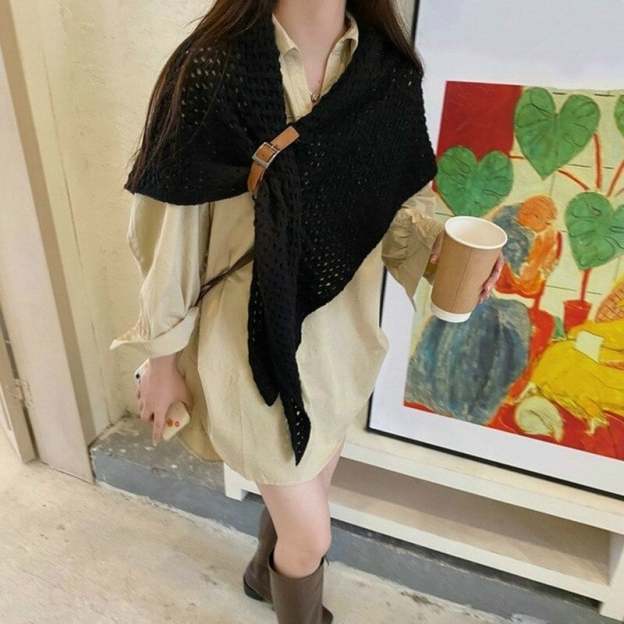 Knitted Triangle Shawl with Leather Buckle-POIULTD