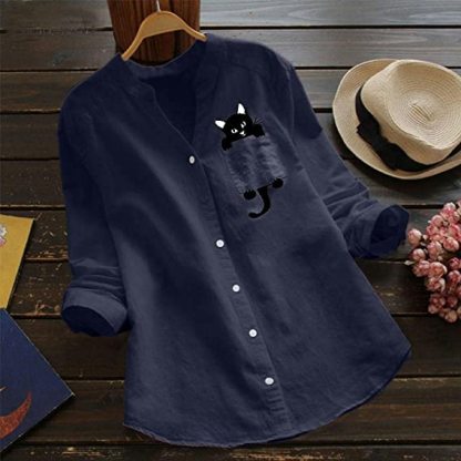 🔥V-neck Cotton And Cat Print Long Sleeve Blouse-POIULTD