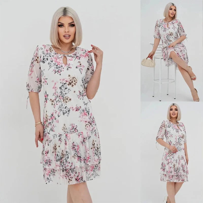🌹Elegant chiffon long pleated dress with short sleeves-POIULTD