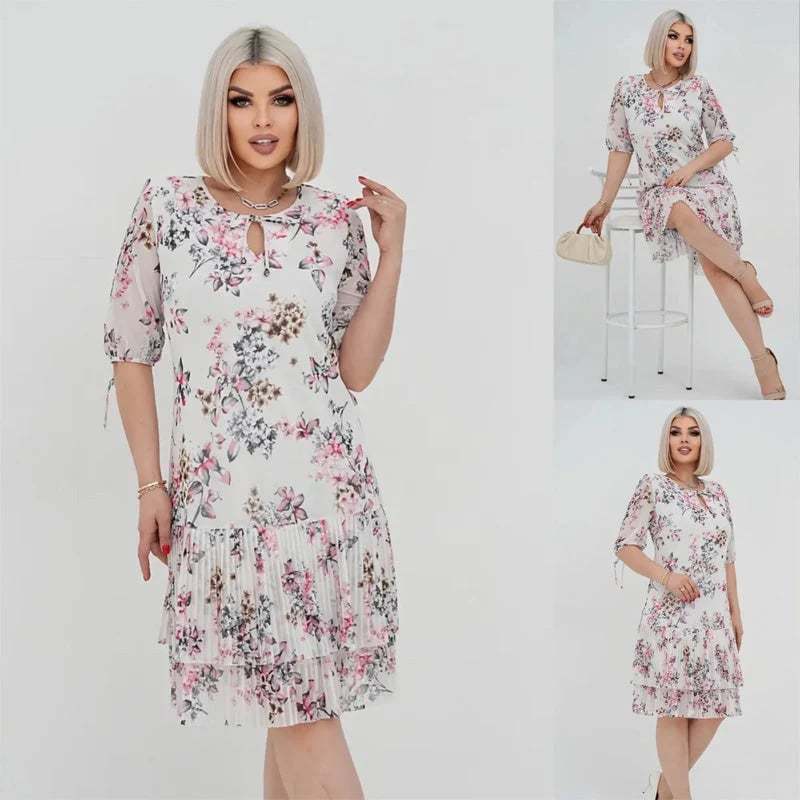 🌹Elegant chiffon long pleated dress with short sleeves-POIULTD