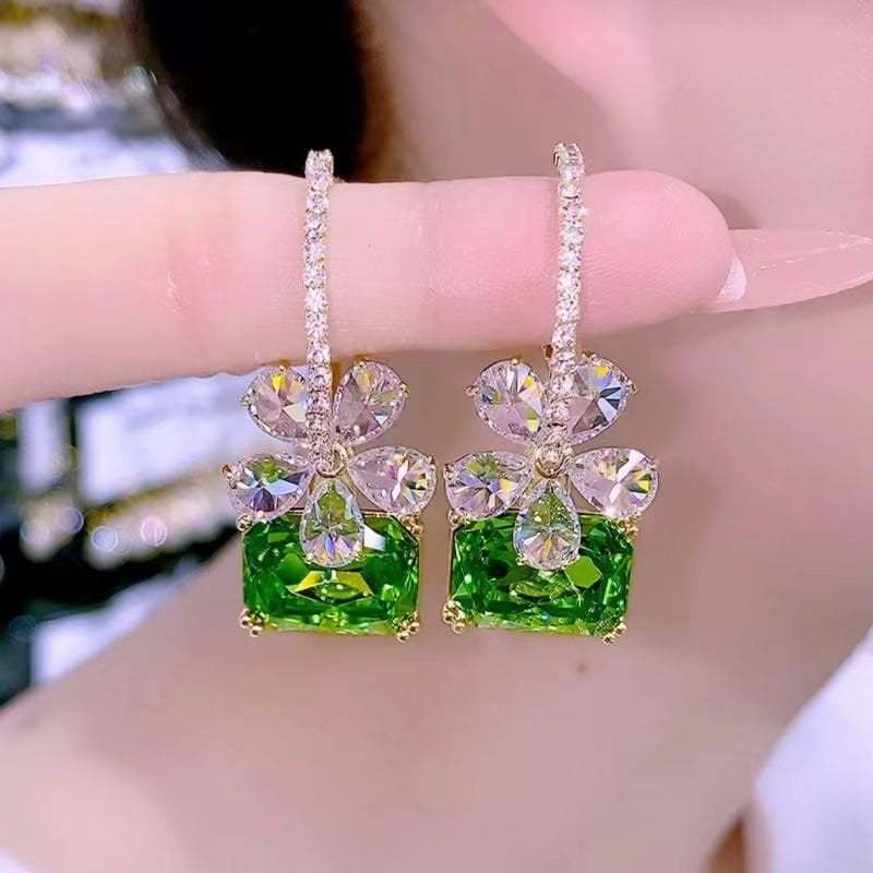 Green Flower Crystal Earrings-POIULTD