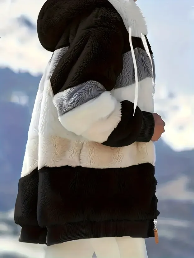 Fuzzy Color Block Coat, Casual Hooded Zip Up Drawstring Long Sleeve Outerwear, Women's Clothing