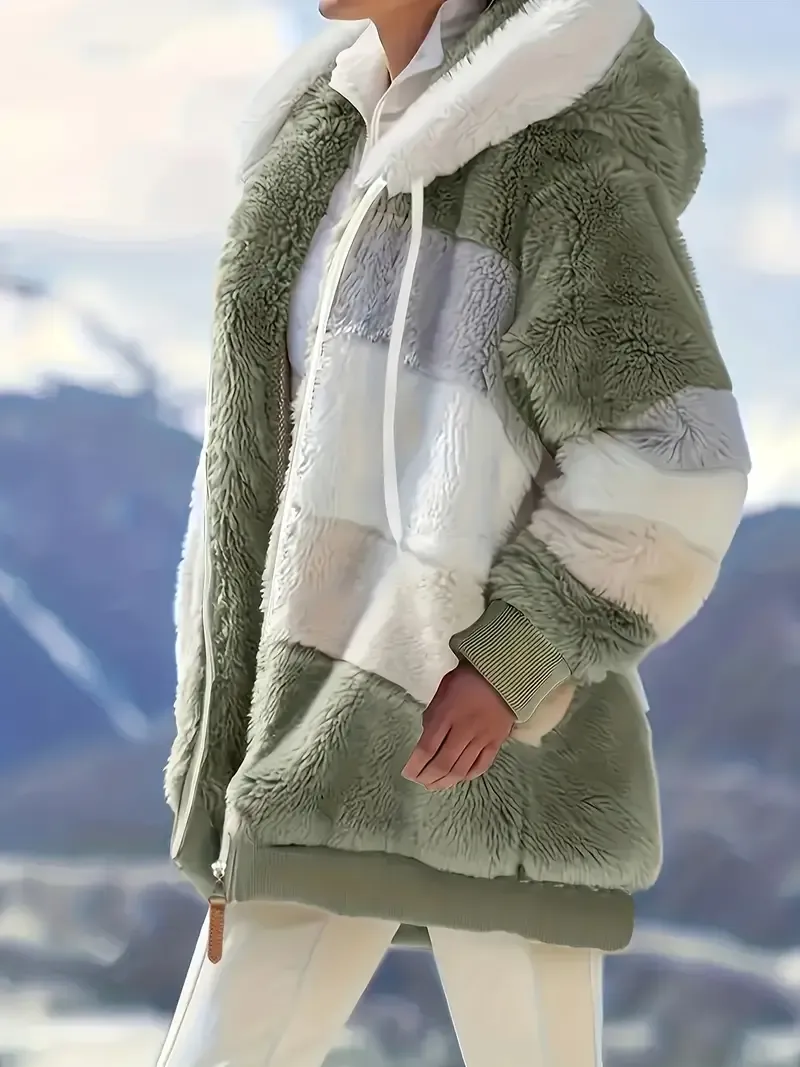 Fuzzy Color Block Coat, Casual Hooded Zip Up Drawstring Long Sleeve Outerwear, Women's Clothing