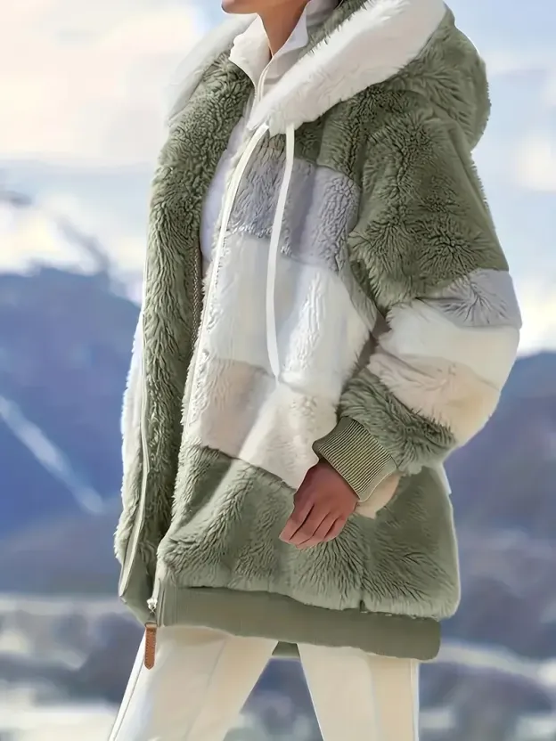 Fuzzy Color Block Coat, Casual Hooded Zip Up Drawstring Long Sleeve Outerwear, Women's Clothing