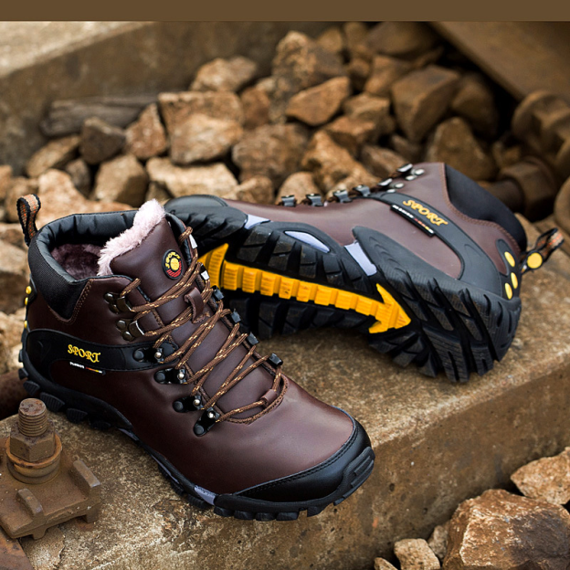 (⏰Limited Time Sale 69%off)Men's Genuine Leather Waterproof Hiking Boots Wide-Toe Warm Insulated Winter Ankle Boots-POIULTD