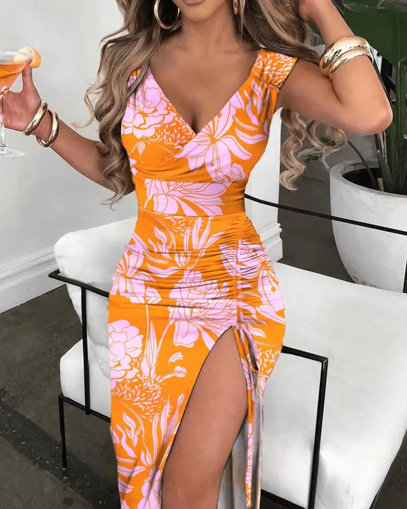 V-neck Smocked Print Dress-POIULTD