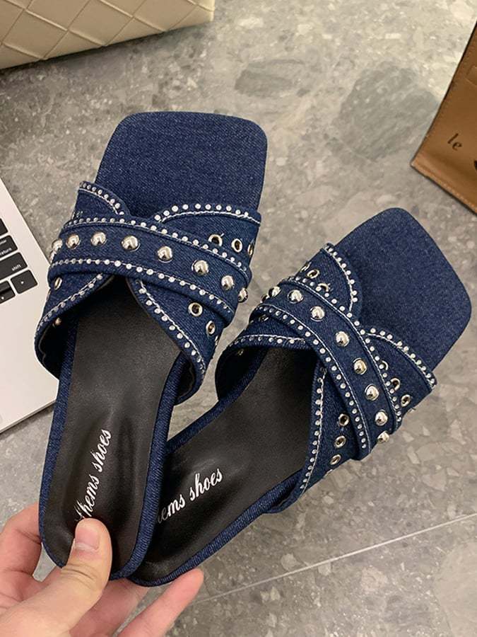 Slipper Female Denim Rhinestone Rivet Flat Beach Sandals Simple Outer Outer Leisure And Sand Slippers-POIULTD