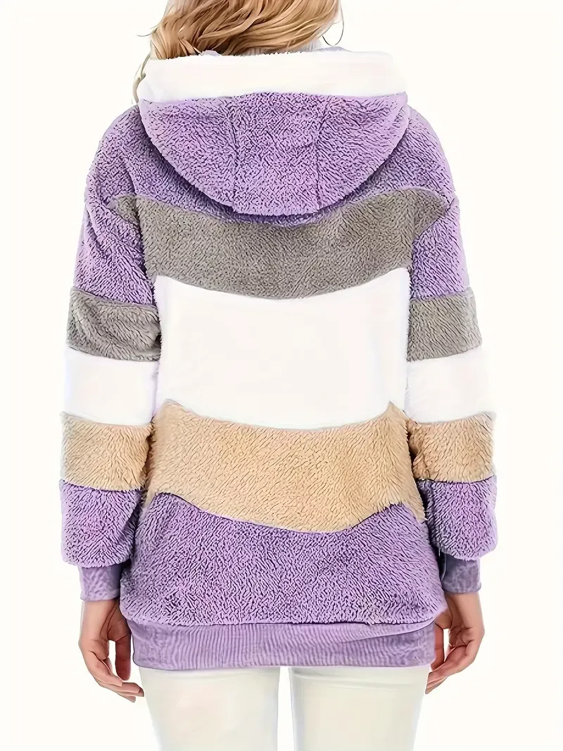 Fuzzy Color Block Coat, Casual Hooded Zip Up Drawstring Long Sleeve Outerwear, Women's Clothing