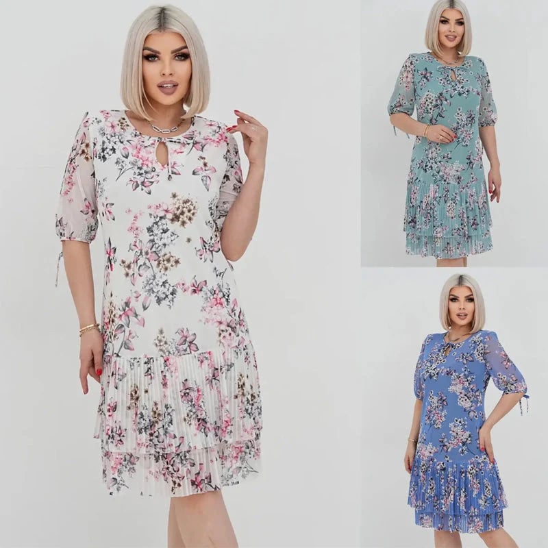 🌹Elegant chiffon long pleated dress with short sleeves-POIULTD